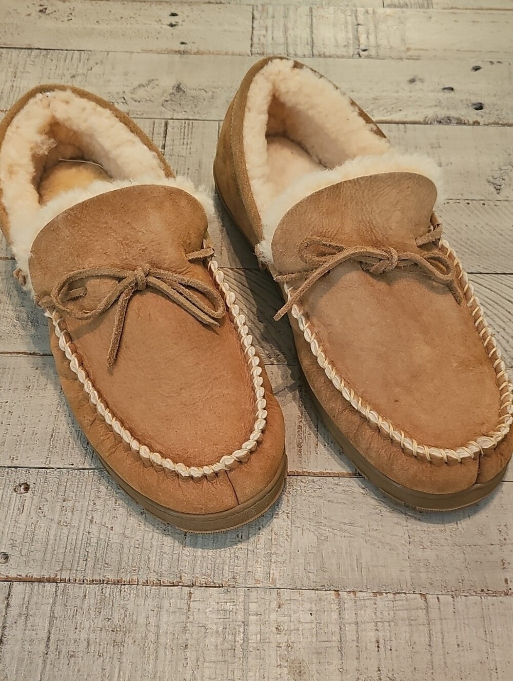 Thom McAn Tan Suede Shearling-Lined Moccasin Slip-Ons